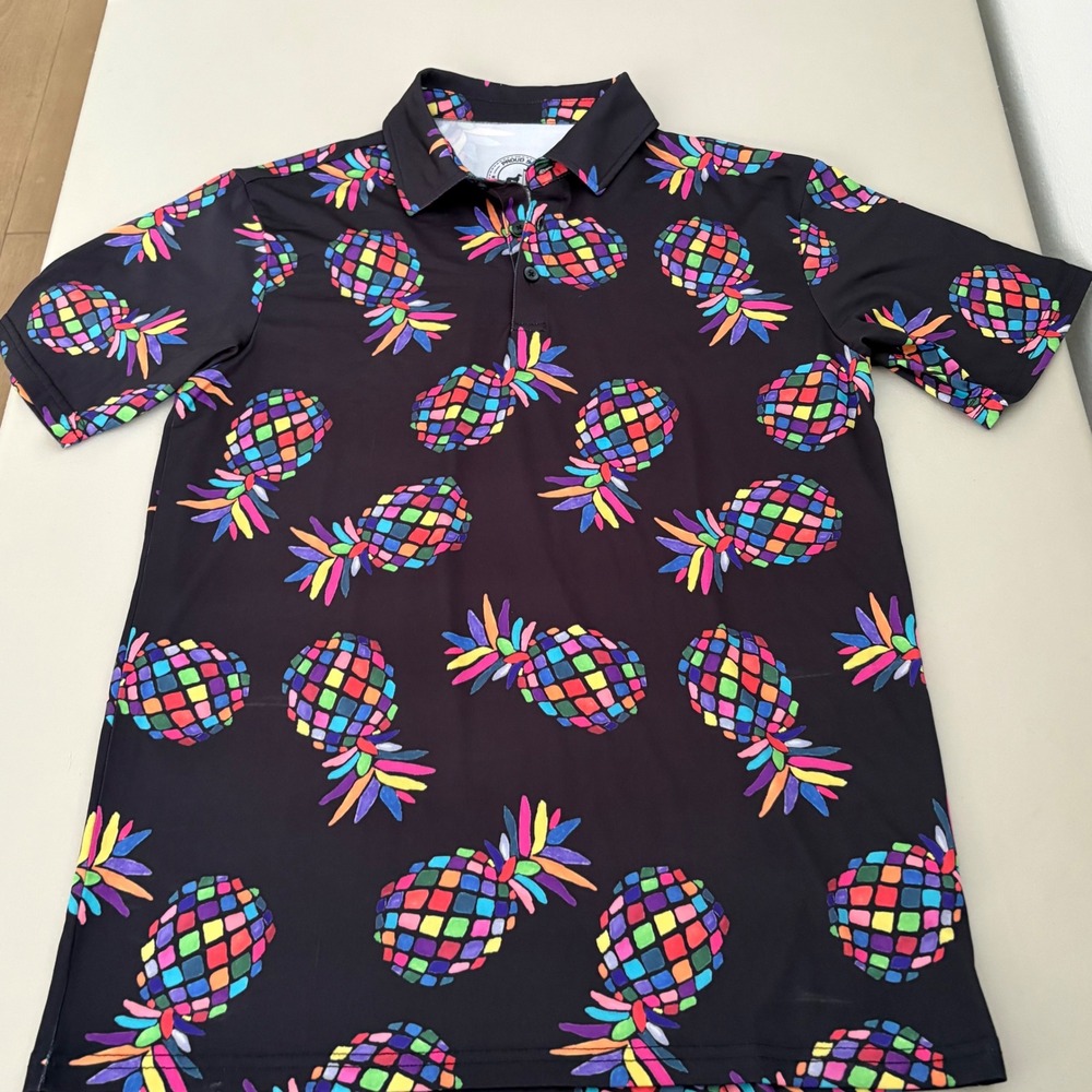 Proud 90 Golf Is Fun Mens Small Blk Multi Color Pineapple Performance Polo Shirt